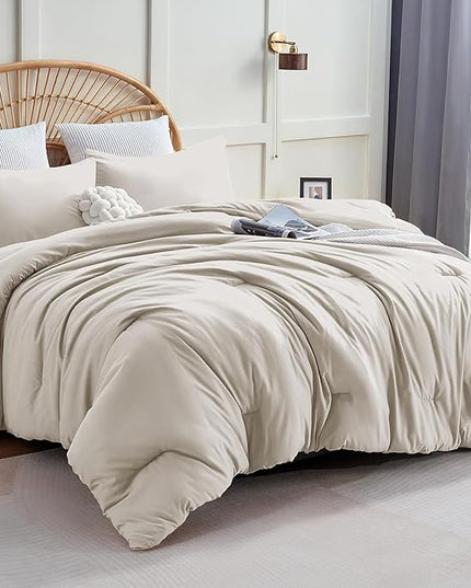 CozyLux Beige Comforter Set Full Size, 3 Pieces Solid Breathable Quilted Style Bedding Sets, Luxury Fluffy Soft Microfiber Comforter for All Season(1 Comforter & 2 Pillowcases) - LeafyLoom