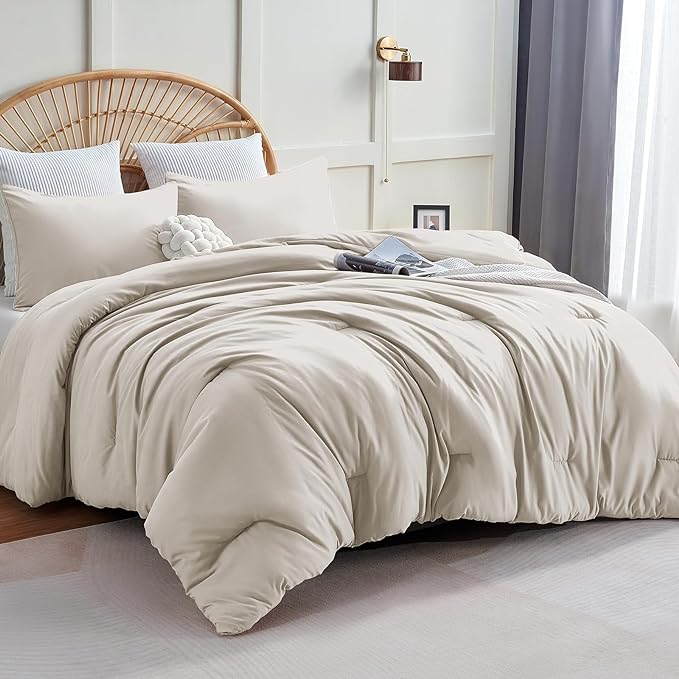 CozyLux Beige Comforter Set Full Size, 3 Pieces Solid Breathable Quilted Style Bedding Sets, Luxury Fluffy Soft Microfiber Comforter for All Season(1 Comforter & 2 Pillowcases) - LeafyLoom