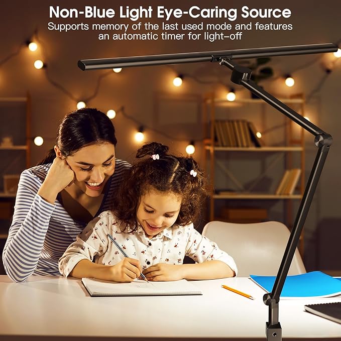 Desk Lamp for Office Home, Desk Light with Clamp, 24W Ultra Bright with Gesture Sensing, Adjustable Brightness & Color Temperature, Monitor Light, Task Light, Table Lamp for Work Study,Black - LeafyLoom