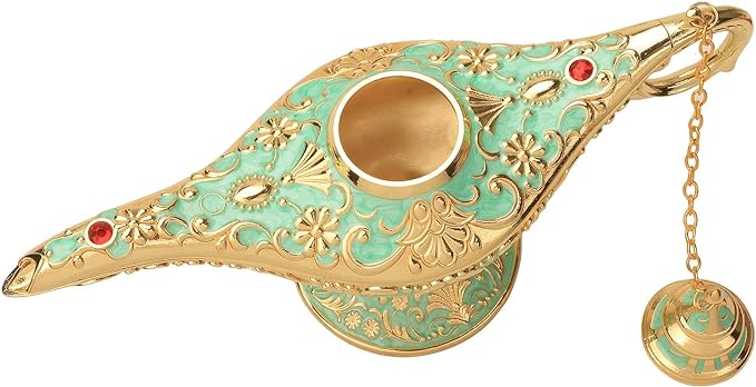 Classic Aladding Magic Genie Lamp Legend Wishing Light Costume Lamp Metal Carved Cone Incense Burner for Home Tabletop Decoration Party Birthday Halloween Christmas(Light Jade Green) - LeafyLoom