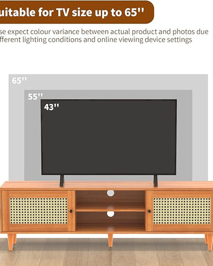 EasyCom TV Stand for 65 inch TV, Farmhouse Rattan Entertainment Center with Storage and Open Shelves, Mid Century Modern Entertainment Center with Natural Rattan Door - LeafyLoom