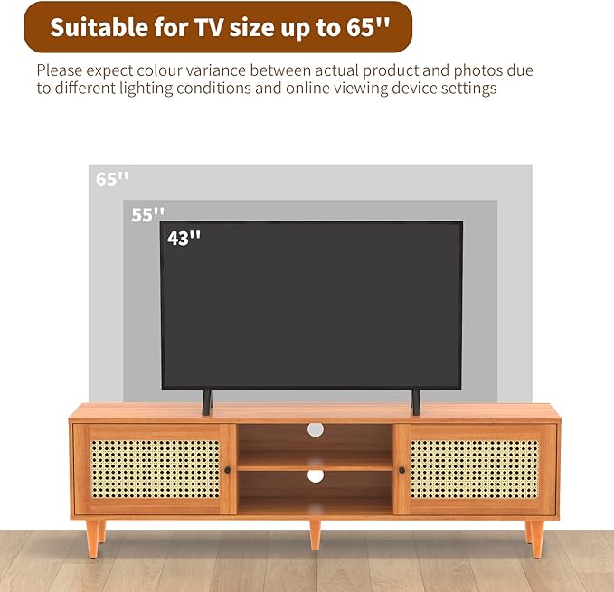 EasyCom TV Stand for 65 inch TV, Farmhouse Rattan Entertainment Center with Storage and Open Shelves, Mid Century Modern Entertainment Center with Natural Rattan Door - LeafyLoom