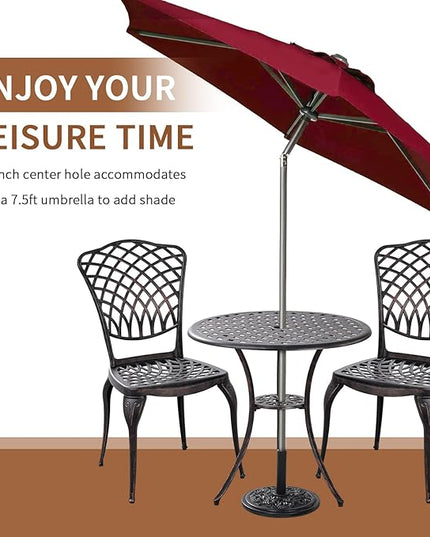Bronze Patio Bistro Set - 3 Piece Outdoor Cast Aluminum Furniture, Large Table & Chairs, Weather Resistant, Adjustable Foot Pads, Umbrella Hole - LeafyLoom