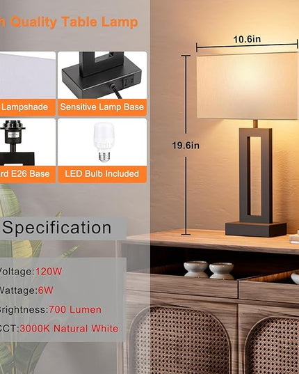 Nightstand Table Lamps for Bedrooms Set of 2 - Touch Bedside Lamp with USB C+A, 3 Way Dimmable Living Room Lamps for End Tables Set of 2, Modern Night Stand Lamps for Bed Side Guest Room(White) - LeafyLoom