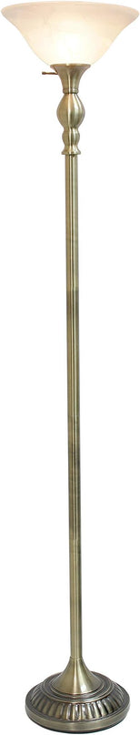 Elegant Designs LF2001-ABS 1 Light Torchiere Marbleized White Glass Shade Floor Lamp, Antique Brass - LeafyLoom