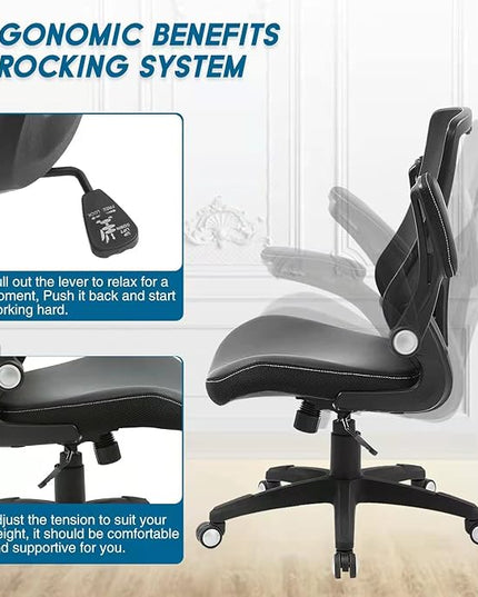 Office Chair Ergonomic Desk Chair, Computer PU Leather Home Office Chair, Swivel Mesh Back Adjustable Lumbar Support Flip-up Arms Executive Task Chair - LeafyLoom