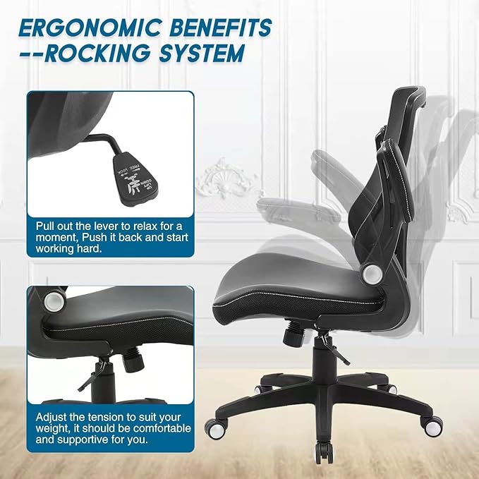 Office Chair Ergonomic Desk Chair, Computer PU Leather Home Office Chair, Swivel Mesh Back Adjustable Lumbar Support Flip-up Arms Executive Task Chair - LeafyLoom