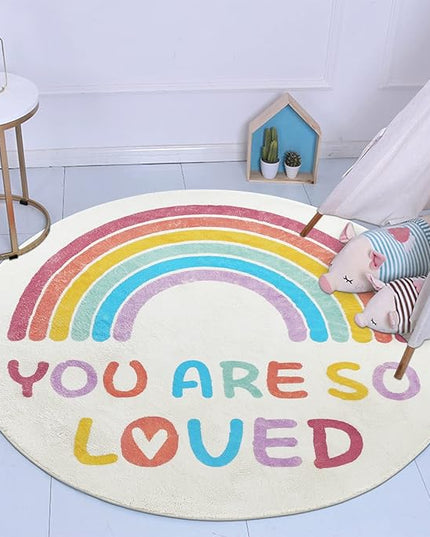 Topotdor Rainbow Round Rug for Girls Bedroom,Colorful Boho Decor Nursery Area Rug,Ultra Soft Machine Washable Kids Play Mat,47" Round - LeafyLoom