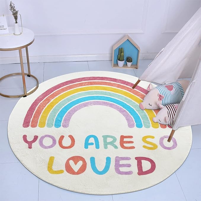 Topotdor Rainbow Round Rug for Girls Bedroom,Colorful Boho Decor Nursery Area Rug,Ultra Soft Machine Washable Kids Play Mat,47" Round - LeafyLoom