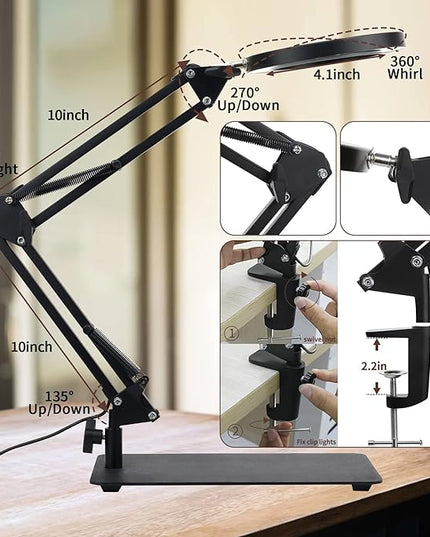 5X & 10X Magnifying Glass with Light and Stand, KIRKAS 2-in-1 Stepless Dimmable and 3 Color Modes LED Magnifying Desk Lamp, 10X Ultra-high Magnification Glass Lens for Precision Machinery Repair-Black - LeafyLoom