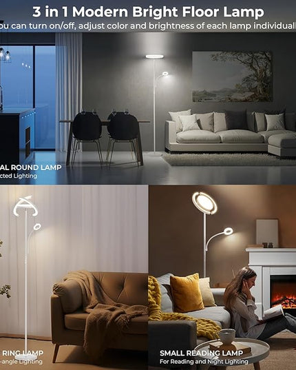 FIMEI 3 in 1 Floor Lamp, Modern Bright Standing Lamp with Split Rotatable Outer Ring Light and Small Reading Light, 4 Color and Dimmable, 3-Way Independent Control for Living Room Office, White - LeafyLoom