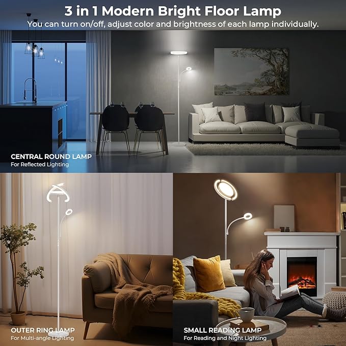 FIMEI 3 in 1 Floor Lamp, Modern Bright Standing Lamp with Split Rotatable Outer Ring Light and Small Reading Light, 4 Color and Dimmable, 3-Way Independent Control for Living Room Office, White - LeafyLoom