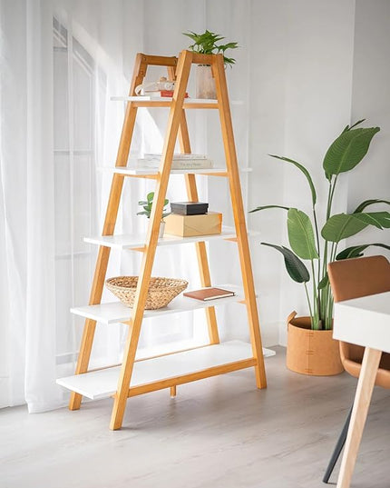 Nathan James 62201 Carlie 5-Shelf Ladder Bookcase, Display or Decorative Storage Rack with White and Rove Brown Wooden Ladder Shelves - LeafyLoom