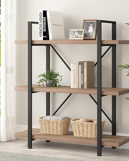 HSH Industrial 3 Tier Book Shelf, Modern Small Wood and Metal 3 Shelf Bookcase Etagere, Farmhouse Open Low 3 Tier Bookshelf and Display Storage Shelves for Bedroom Living Room Office, Rustic Oak - LeafyLoom
