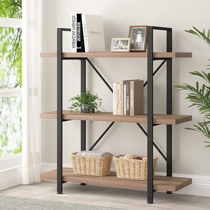 HSH Industrial 3 Tier Book Shelf, Modern Small Wood and Metal 3 Shelf Bookcase Etagere, Farmhouse Open Low 3 Tier Bookshelf and Display Storage Shelves for Bedroom Living Room Office, Rustic Oak - LeafyLoom