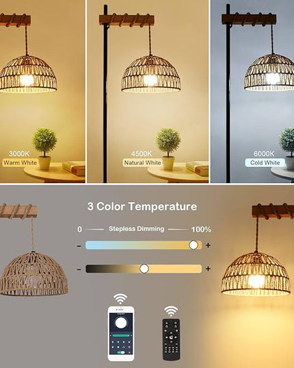 Floor Lamp for Living Room with 3 Color Temperatures and Stepless Dimmer, Smart Floor Lamp with Remote Control & APP, Tall Standing Lamp with Rattan Lampshade, Farmhouse Floor Lamps for Bedroom Office - LeafyLoom