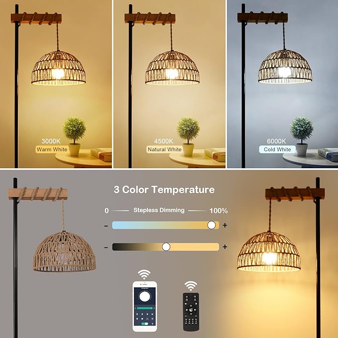 Floor Lamp for Living Room with 3 Color Temperatures and Stepless Dimmer, Smart Floor Lamp with Remote Control & APP, Tall Standing Lamp with Rattan Lampshade, Farmhouse Floor Lamps for Bedroom Office - LeafyLoom