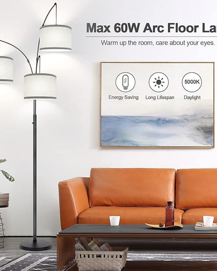 Dimmable Floor Lamp - 3 Lights Arc Floor Lamps for Living Room, 1000LM Modern Tall Standing Lamp With Gray Shades & Heavy Base, Mid Century Tree Floor Lamp for Bedroom Office, 3 LED Bulbs Included - LeafyLoom