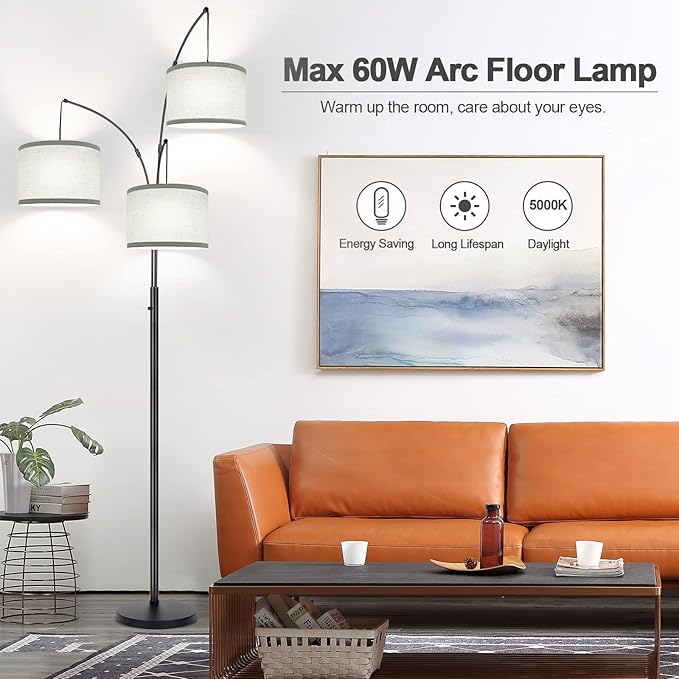 Dimmable Floor Lamp - 3 Lights Arc Floor Lamps for Living Room, 1000LM Modern Tall Standing Lamp With Gray Shades & Heavy Base, Mid Century Tree Floor Lamp for Bedroom Office, 3 LED Bulbs Included - LeafyLoom