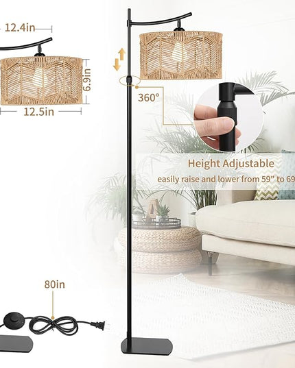 Arc Boho Farmhouse Black Floor Lamp, Standing Lamp with Rattan & Fabric Double Shade with Remote Control, Dimmable LED Bulb with 8 Color Temperature, Tall Pole for Living Room Bedroom Corner Office - LeafyLoom