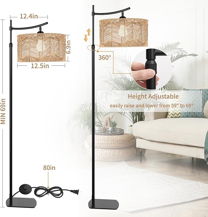 Arc Boho Farmhouse Black Floor Lamp, Standing Lamp with Rattan & Fabric Double Shade with Remote Control, Dimmable LED Bulb with 8 Color Temperature, Tall Pole for Living Room Bedroom Corner Office - LeafyLoom