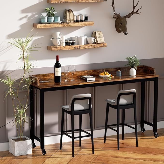 70.8" Standing Desk with Charging Station, Extra Long Desk on Wheels for Standing and Sitting, Sofa Table Behind Couch with Power Outlets and USB Ports, Easy Assembly, Walnut - LeafyLoom