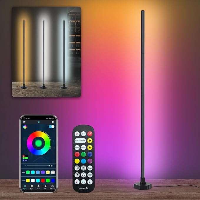 RGB Corner Floor Lamp,LED Smart Corner Light App,Remote Control Corner Lamp,16 Million DIY Colors, Music Sync, Timer for Living Rooms, Bedrooms and Gaming Rooms(1 Pack) - LeafyLoom