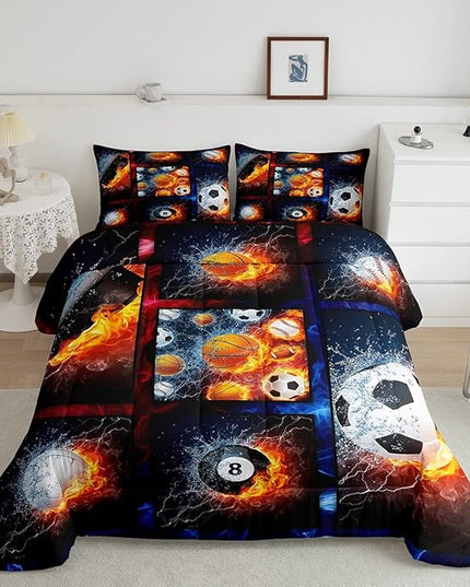 Sports Comforter Sets For Boys Twin,Teen Basketball Baseball Football Bedding Comforter Set For Men Volleyball Soccer Hockey Quilt Comforter,Red Blue Water And Fire Lightning Bed Duvet 1 Pillow Case - LeafyLoom