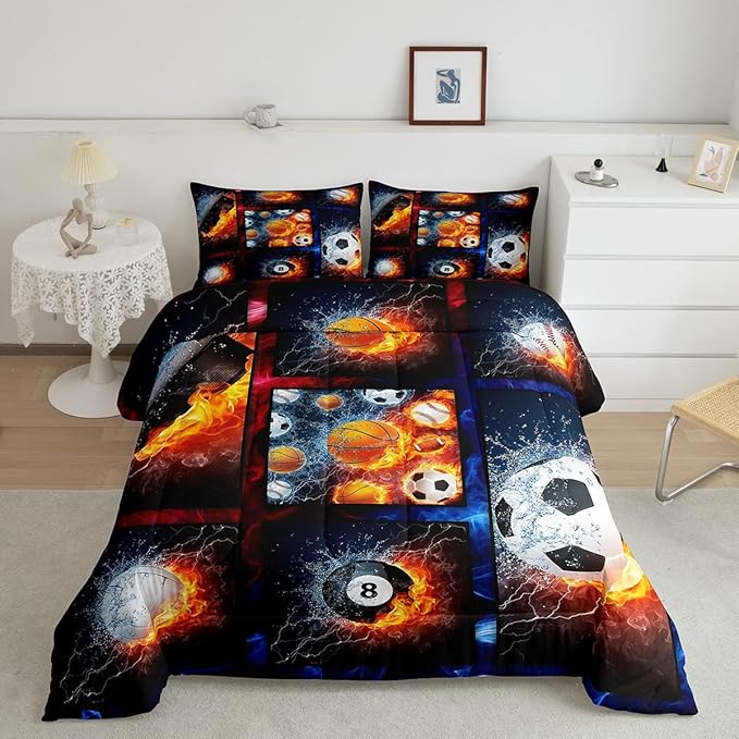 Sports Comforter Sets For Boys Twin,Teen Basketball Baseball Football Bedding Comforter Set For Men Volleyball Soccer Hockey Quilt Comforter,Red Blue Water And Fire Lightning Bed Duvet 1 Pillow Case - LeafyLoom