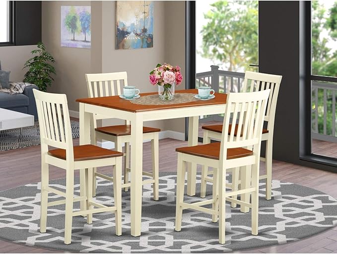 East West Furniture YAVN5-WHI-W 5 Piece Kitchen Counter Set Includes a Rectangle Dining Room Table and 4 Dining Chairs, 30x48 Inch, Buttermilk & Cherry - LeafyLoom