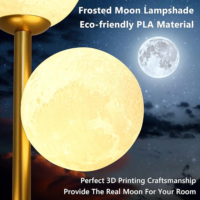 3 Globe Moon Floor Lamp for Living Room, Modern Gold Floor Lamp with 3D Printing Frosted Shade and LED Bulb, Mid Century Standing Lamp, 67" Metal Tall Pole Lamp for Bedroom Girls Room, Dresser, Office - LeafyLoom