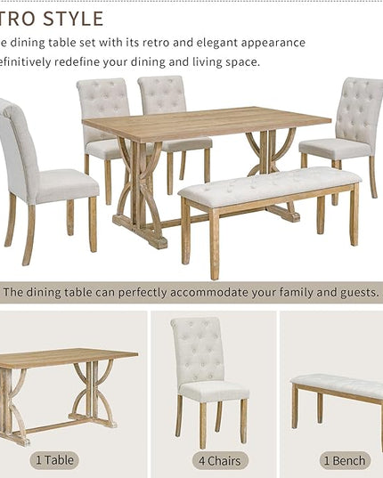 6-Piece Retro Style Rectangular Dining Table Set with Unique Legs and 4 Upholstered Chairs & 1 Bench for Kitchen, Breakfast Nook, Living Room, Natural Wood Wash, 59.8" L x 35.8" W x 30" H - LeafyLoom