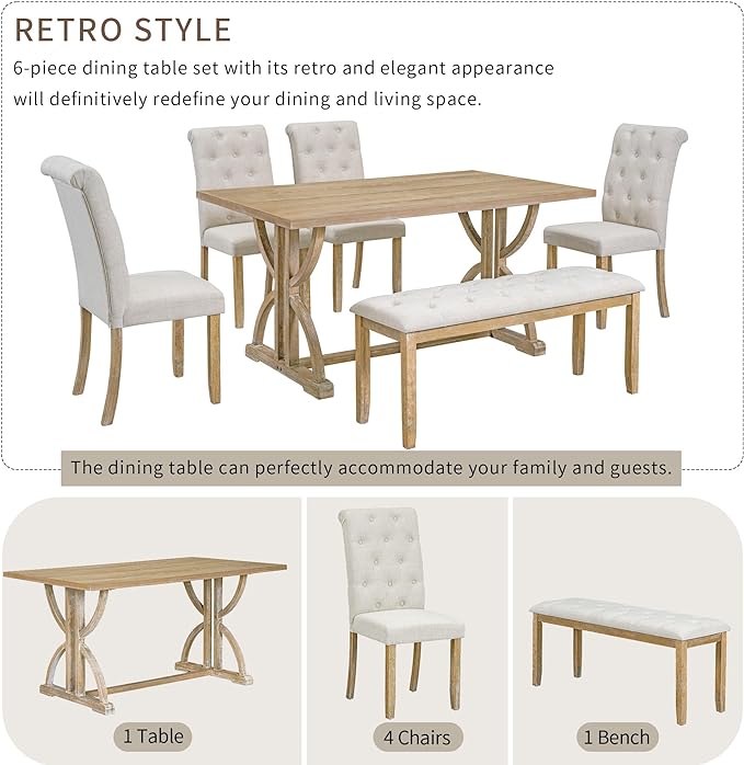 6-Piece Retro Style Rectangular Dining Table Set with Unique Legs and 4 Upholstered Chairs & 1 Bench for Kitchen, Breakfast Nook, Living Room, Natural Wood Wash, 59.8" L x 35.8" W x 30" H - LeafyLoom