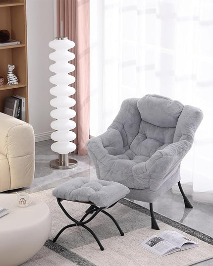 Lazy Chair with Ottoman, Modern Soft Reading Chair Accent Contemporary Lounge Leisure Sofa Chair with Armrests and a Side Pocket for Living Room, Bedroom, Dorm & Office, Plush Grey - LeafyLoom