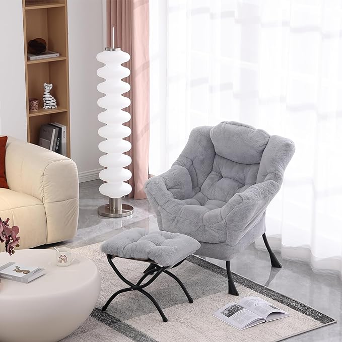 Lazy Chair with Ottoman, Modern Soft Reading Chair Accent Contemporary Lounge Leisure Sofa Chair with Armrests and a Side Pocket for Living Room, Bedroom, Dorm & Office, Plush Grey - LeafyLoom