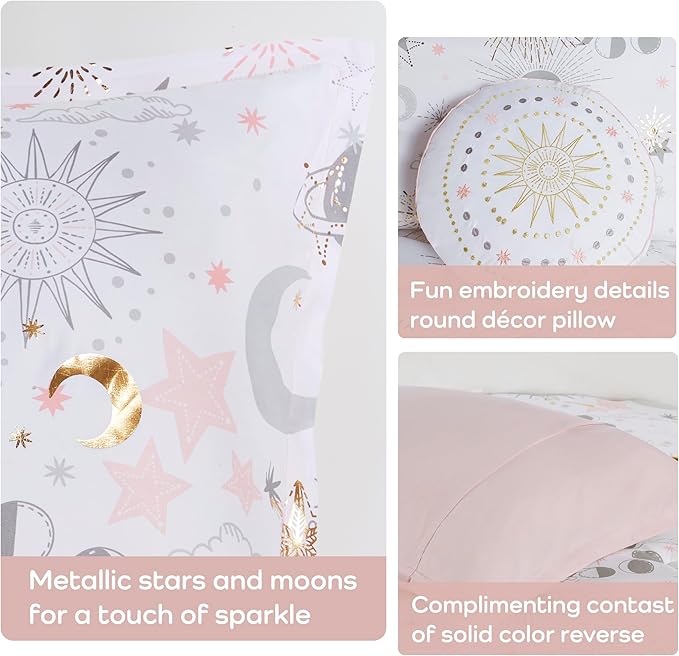 Mi Zone Kids Twin Comforter Set, Celestial Metallic Comforter Set Starry Sky, Moon & Sun Comforters, All Seasons Lightweight & Fluffy Comforter Bed Set, 1 Sham, Celia, Twin, Blush/Gold 3 Piece - LeafyLoom