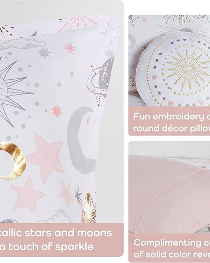 Mi Zone Kids Full Comforter Set, Celestial Metallic Comforter Set Starry Sky, Moon & Sun Comforters, All Seasons Lightweight & Fluffy Comforter Bed Set, 2 Shams, Celia, Full/Queen, Blush/Gold 4 Piece - LeafyLoom