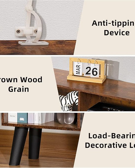 LEYAOYAO 8 Cube Bookshelf,3 Tier Bookcase with Legs,Rustic Brown Mid-Century Modern Bookshelves,Large Open Storage Organizer Shelf, Wooden Book Case - LeafyLoom