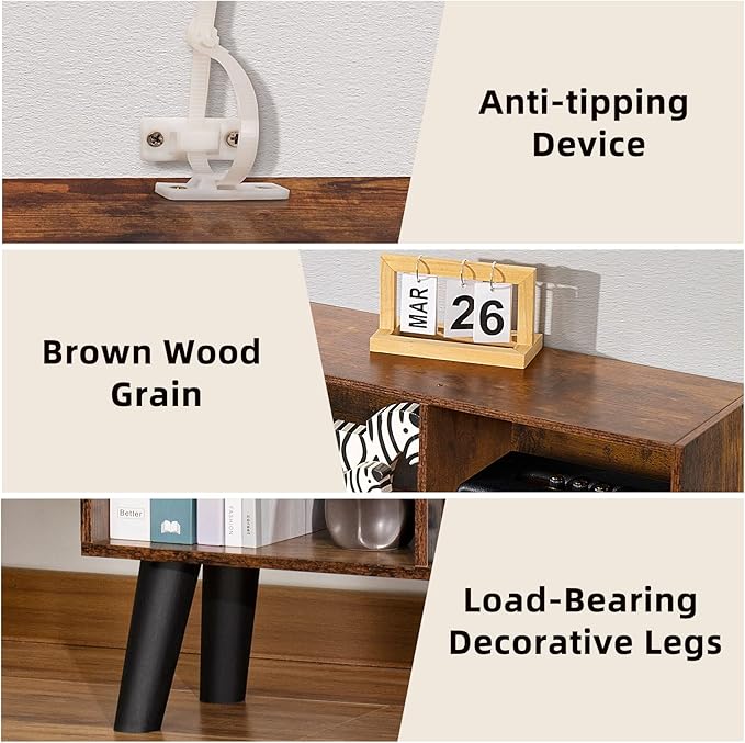 LEYAOYAO 8 Cube Bookshelf,3 Tier Bookcase with Legs,Rustic Brown Mid-Century Modern Bookshelves,Large Open Storage Organizer Shelf, Wooden Book Case - LeafyLoom