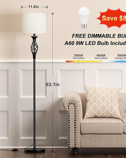Ambimall Floor Lamps for Living Room - 3 Color Temperature Vintage Standing Lamp, Farmhouse Black Floor Lamp with Light Beige Shade, Bright Tall Light for Bedroom(9W Bulb Included) - LeafyLoom