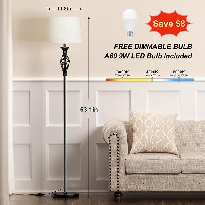 Ambimall Floor Lamps for Living Room - 3 Color Temperature Vintage Standing Lamp, Farmhouse Black Floor Lamp with Light Beige Shade, Bright Tall Light for Bedroom(9W Bulb Included) - LeafyLoom
