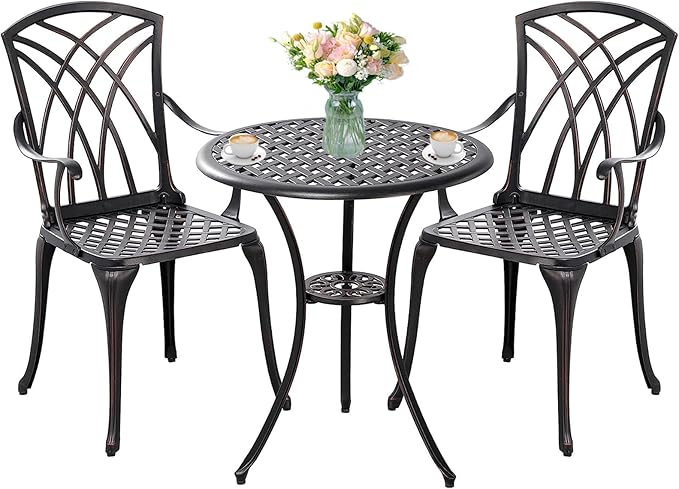 3 Piece Bistro Patio Set Cast Alumiunm Patio Furniture Set,All Weather Bistro Table and Chairs Set of 2 with 1.97" Umbrella Hole,Outdoor Patio Bistro Sets for Garden(Antique Bronze) - LeafyLoom
