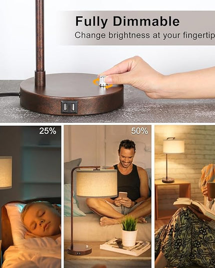 Vintage Table Lamp, Fully Dimmable Table Lamp with Dual USB Charging Ports, Farmhouse Bedside Lamp Nightstand Light, Tall Reading Desk Lamp for Living Room, Bedroom, Office, 9W LED Bulb Included - LeafyLoom
