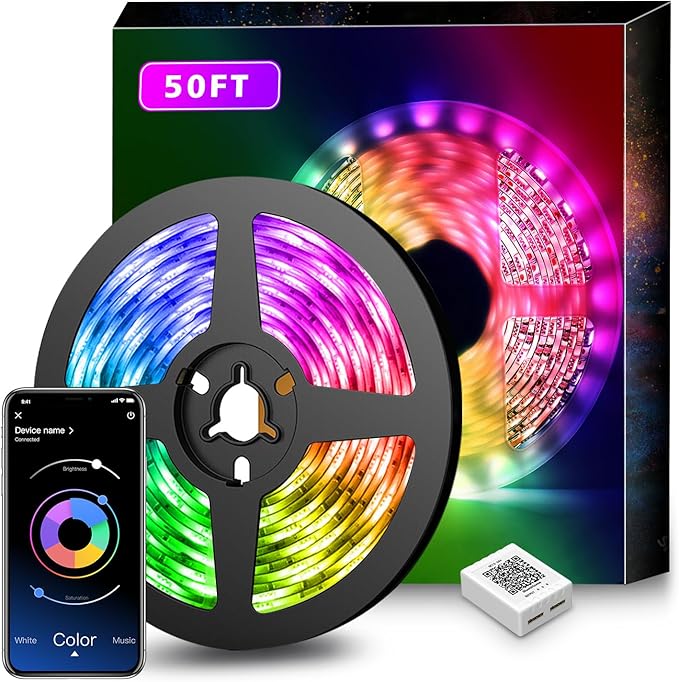 Nexillumi Led Lights for Bedroom 50ft(1 Roll of 50ft) Music Sync Color Changing Led Strip Lights Smart with Remote and App Control Built-in Mic for Party Home Room Decor Luces LED para Cuarto Nexillumi