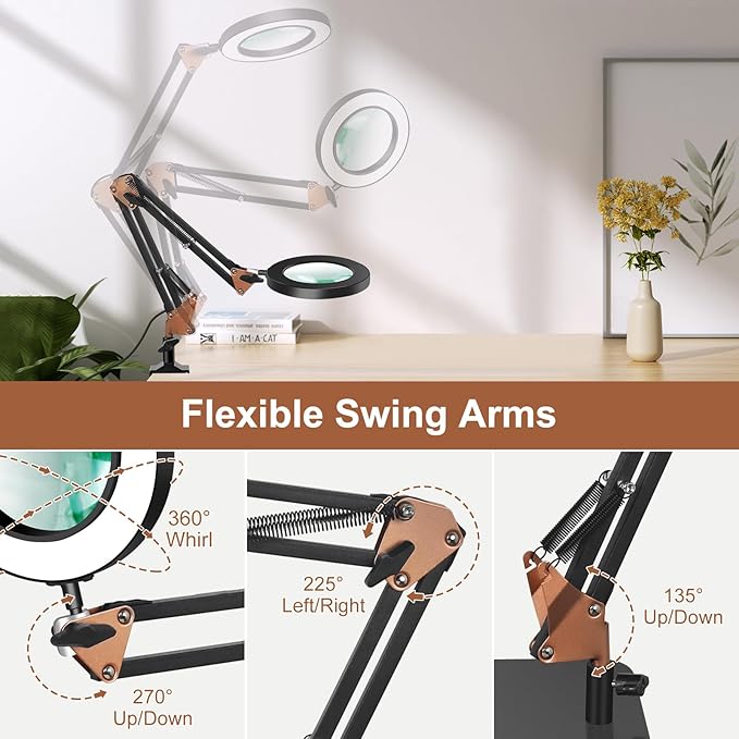 Magnifying Glass with Light, 5 Color Modes Stepless Dimmable 2-in-1 Desktop Lamp and Clamp, LED Lighted Magnifier with Light and Stand, Hands Free for Craft Repair Hobby Painting Close Work - LeafyLoom