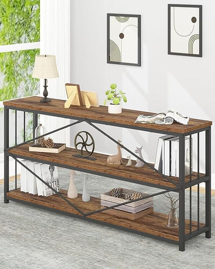 IBF Low Rustic 3 Tier Bookshelf, Industrial Horizontal Wood Bookcase, Farmhouse Long Wide Open Metal Etagere, Modern Large Vintage Book Shelf for Home Office Bedroom Living Room, Rustic Brown, 63 Inch - LeafyLoom