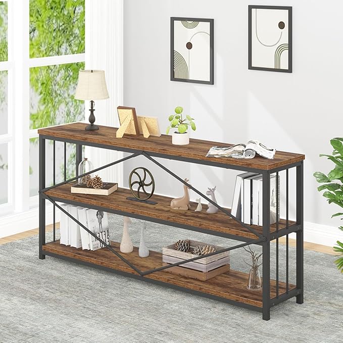 IBF Low Rustic 3 Tier Bookshelf, Industrial Horizontal Wood Bookcase, Farmhouse Long Wide Open Metal Etagere, Modern Large Vintage Book Shelf for Home Office Bedroom Living Room, Rustic Brown, 63 Inch - LeafyLoom