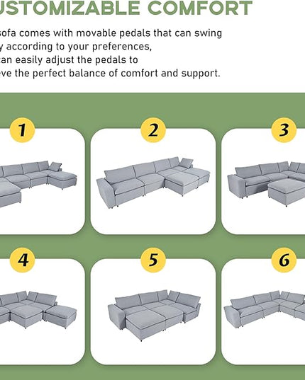 152.8" U-Shaped Down Filled Modular Sectional Sofa with 2 Removable Ottoman, Modern 6-Seat Convertible Upholstered Couch for Living Room, Apartment, Spacious Space, Light Gray, 152.8 Inch - LeafyLoom