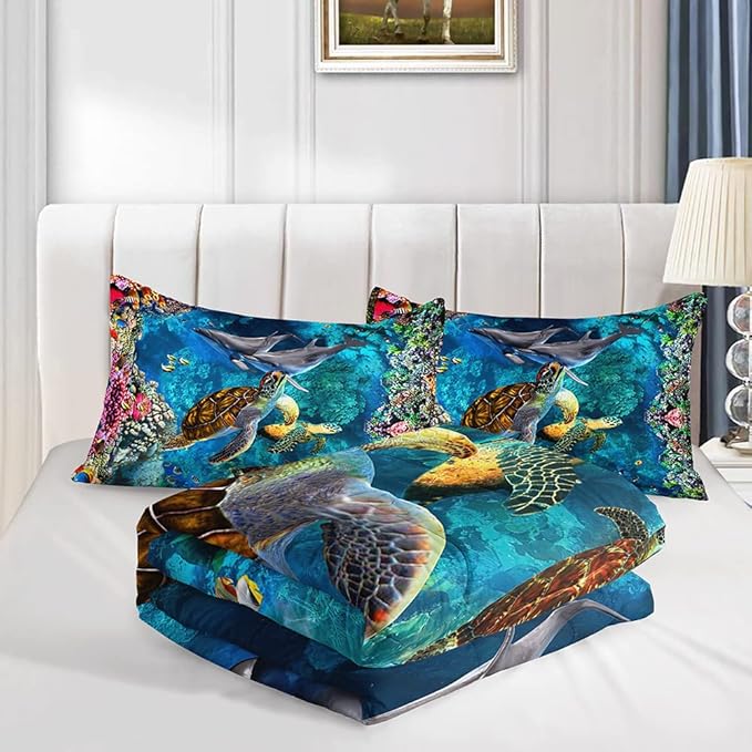 CVHOUSE Sea Turtle Comforter Set,Ocean Sea Turtle Bedding Set for Kids Teens,Ocean Sea Turtle Comforter Sea Turtle Duvet Set Room Decor Quilt Set Full Size - LeafyLoom