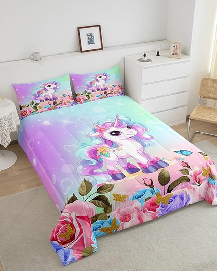 Cartoon Unicorn Kids Comforter Set Queen Size,Rose Flowers Butterfly Leaves Bedding Set,Girls Women Room Decor,Starry Sky Unicorn Cute Down Comforter,Pink Purple Romantic Duvet Insert,2 Pillowcases - LeafyLoom